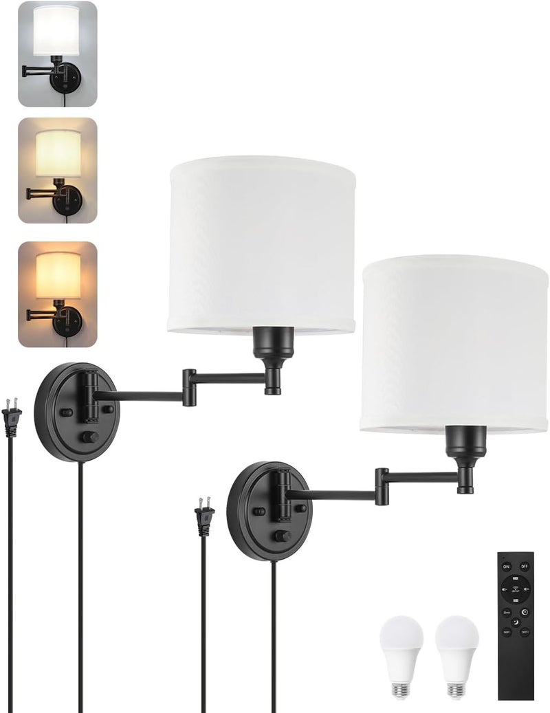 GOODATE Plug in Wall Sconces with Remote Control, Dimming 10%-100% & Adjustable Colors 2700K-6500K, Hardwire or Plug-in, Swing Arm Wall Lamp with White Fabric Shade, Wall Sconces Set of Two, Black Finish - Image 1